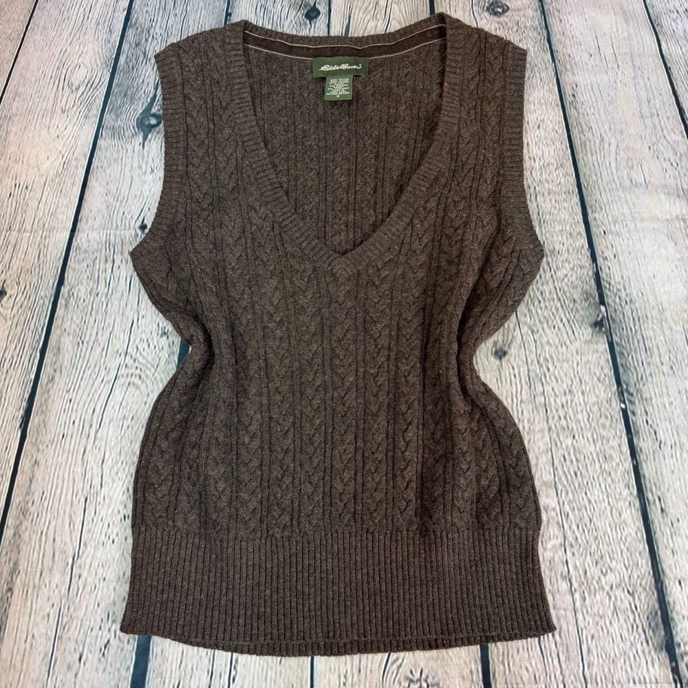 Eddie Bauer Cotton Angora Rabbit Cashmere Blend Brown V-Neck Sweater Vest Size S